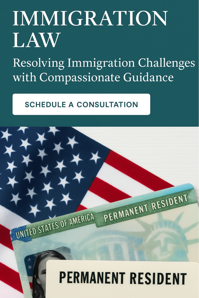 U.S. Permanent Resident card placed beside the American flag, representing immigration legal services.